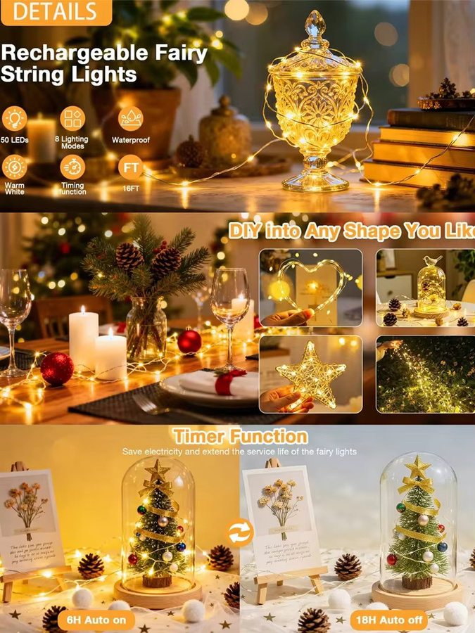 Wasserdichte LED Lichterkette von VENUSWING mit Timer, dimmbarer Funktion und 8 Beleuchtungsmodi, wiederaufladbar, ideal für Weihnachtsbaum oder Halloween-Dekoration - Bild 5