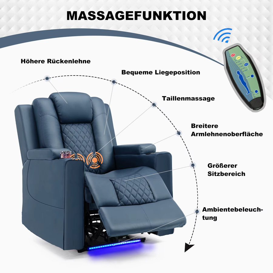 COMHOMA Relaxsessel mit Liegefunktion, Massagefunktion und LED-Beleuchtung in Blau - Bild 4