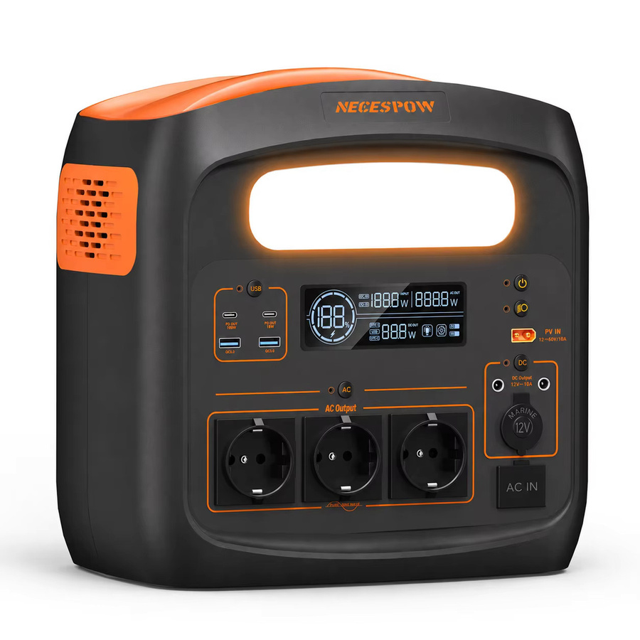 Tragbare Powerstation NECESPOW N1200 in Schwarz mit 1024Wh Kapazität, 1800W Leistung, LiFePO4 Akku, Solargenerator mit UPS-Funktion, 1000W AC, PD100W und LED-Licht für Camping und Notfälle - Bild 8