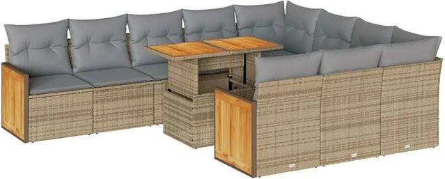 vidaXL 11-tlg. Garten-Sofagarnitur in L-Form aus Poly-Rattan und Akazienholz mit Kissen, Beige-Grau - Bild 1