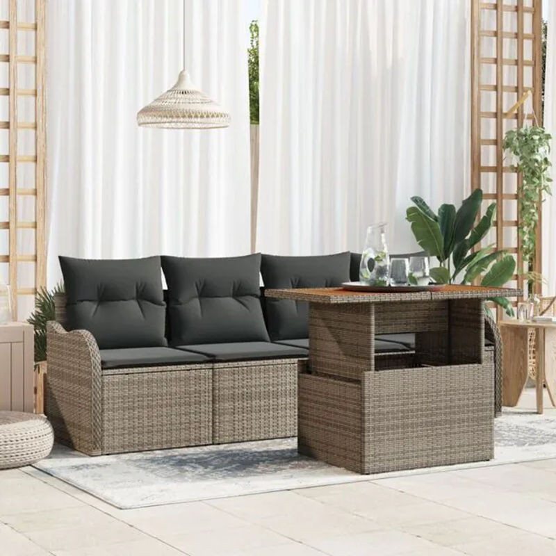 Vidaxl Polyrattan Garten-Sofa-Set mit Kissen in Grau, 5-teilige Loungemöbel aus Akazie und Stahl, B/T/H: 100 x 55 x 73 cm - Bild 1
