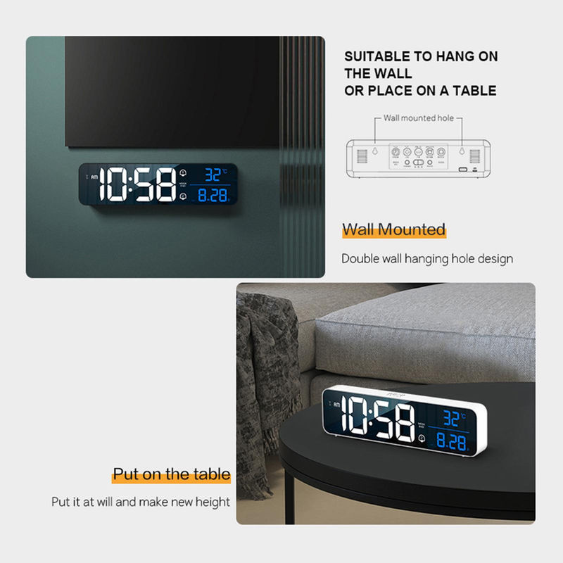 Tooarts Digitaler LED Wecker mit Thermometer, Datumsanzeige und Schlummerfunktion, Wandmontage, Kunststoff, Schwarz/Silber/Weiß - Bild 8