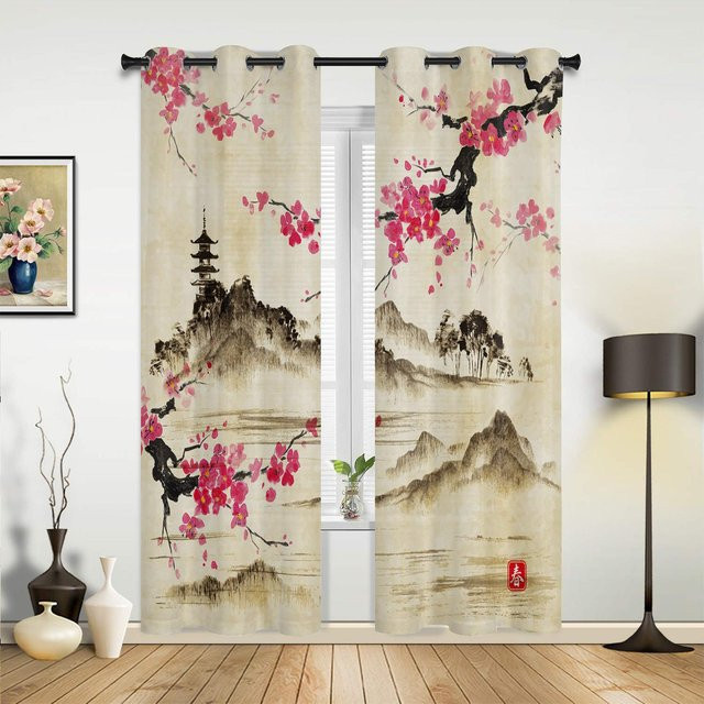 Yiran Furniture Vorhang mit Pflaume und Sonne im Tuschemalerei-Design, modern und halbtransparent, Mehrfarbig, Breite: 135 cm, Höhe: 60 cm - Bild 1