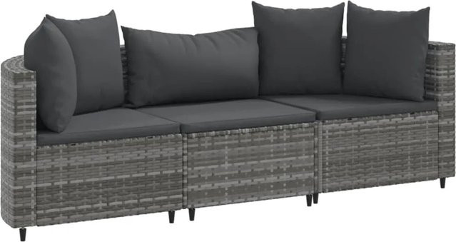 vidaXL 3-tlg Garten-Sofagarnitur in L-Form aus grauem PE-Rattan mit Kissen und pulverbeschichtetem Stahlgestell - Bild 1