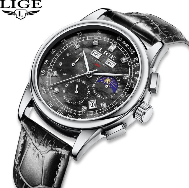 LIGE Chronograph Armbanduhr, Quarz, Blau, Leder, Herren - Bild 1