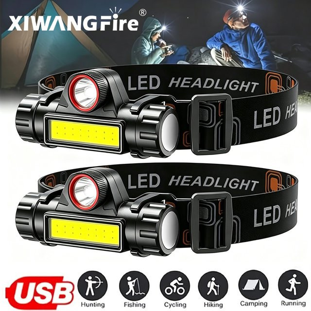 XIWANGFIRE Tragbare Mini-LED-Stirnlampe mit XPE- und COB-Technologie, USB-aufladbar, wasserdicht und mit Magnetischem Endstück, Farbe: Schwarz - Bild 1