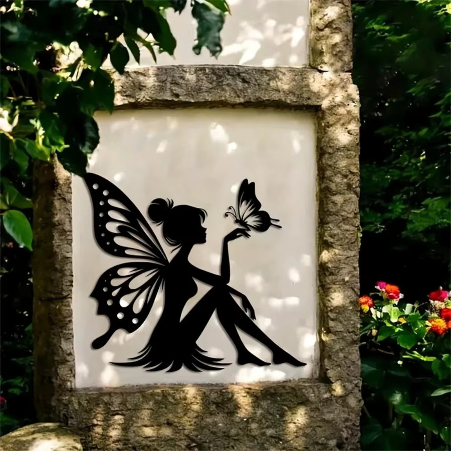 CIFBUY Moderne Metall-Wandkunst Fairy und Schmetterlinge in Schwarz, lasergeschnittene Dekoration für Innenbereich und Außenbereich, B/H: 40 x 40 cm - Bild 4