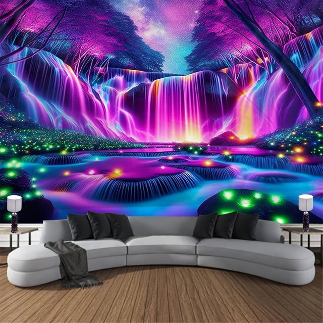 VIKAMA Fantasy-Wasserfall Wandteppich in Grün und Multicolour mit Naturmotiv für dein Wohnzimmer - Bild 1