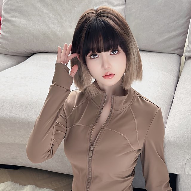 7JHH WIGS Bob-Perücke, synthetisch, Ombre Schwarz-Hellbraun, Damen - Bild 1