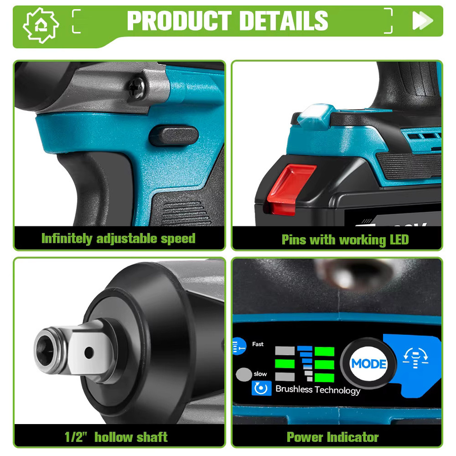 ONEVAN Bürstenloser Akku-Schlagschrauber mit 1000 N.m Drehmoment und 1/2 Zoll Antrieb, kompatibel mit Makita 18V LXT Akkus - Bild 5