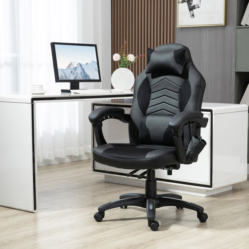 HOMCOM Gaming Stuhl in Schwarz aus Kunstleder mit Kopfstütze und 360 Grad Drehsitz, B/T/H: 68 x 49 x 117 cm - Bild 2