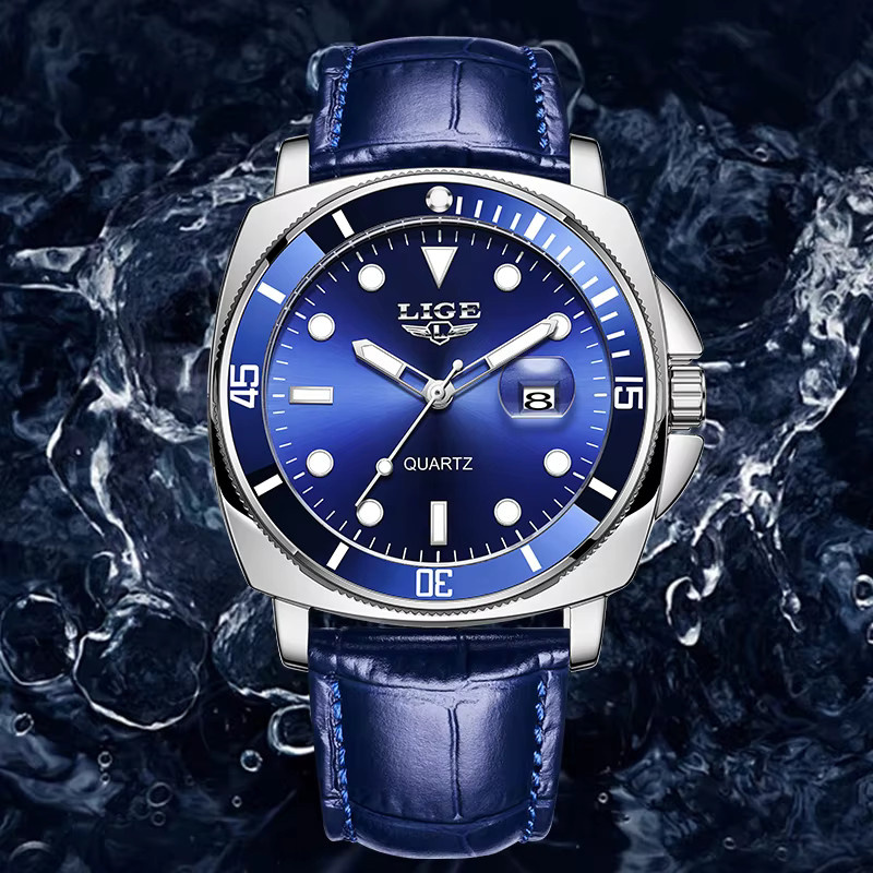 LIGE Armbanduhr Quarz, Leder, Blau, Herren - Bild 2