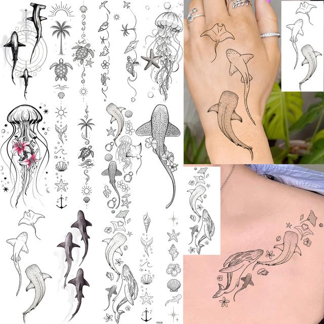 COKTAK Temporäre Tattoos mit Walen, Haien, Quallen und Muscheln, Damen - Bild 1