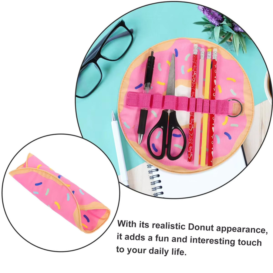Niedriges Roll-up Stiftetui mit Donut-Muster in Pink aus Canvas für Stifte und Make-up-Pinsel - Bild 3