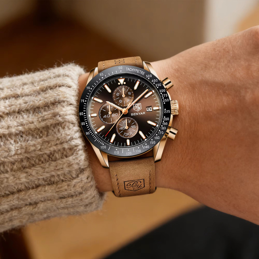 BENYAR Chronograph Armbanduhr Edelstahl, Quarz, Schwarz, Herren - Bild 4