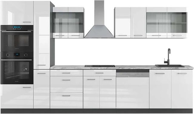 Vicco R-Line Küchenzeile in Weiß Hochglanz und Anthrazit mit Hochschrank und Marmor-Arbeitsplatte, Breite: 350 cm - Bild 1