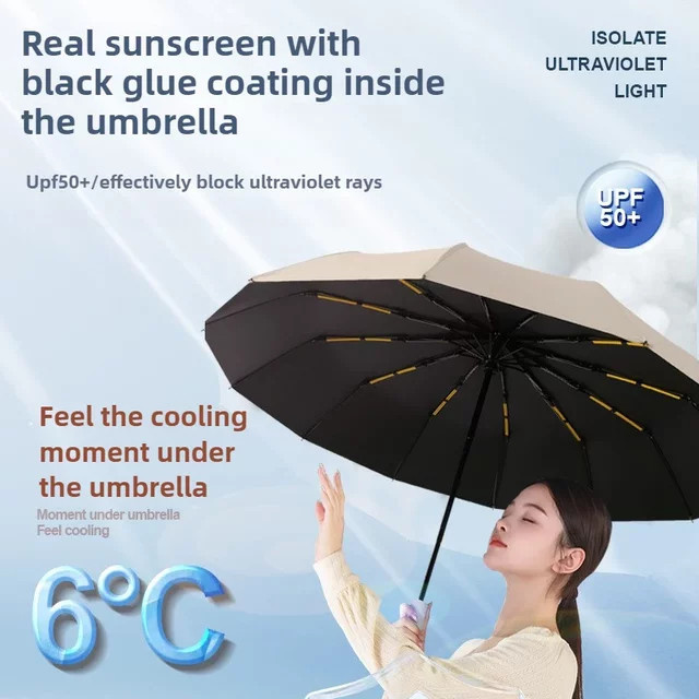 FUYAOZHISHANG Auto-Klappschirm mit 16 Rippen in Beige, winddichter Sonnenschirm mit UPF50+ UV-Schutz für unterwegs - Bild 1