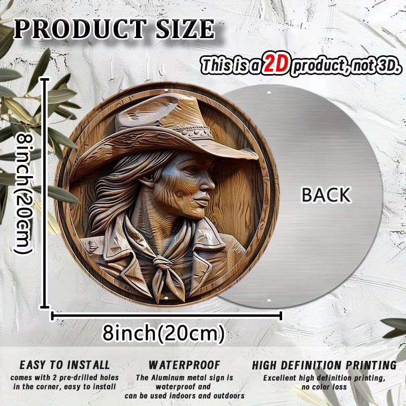 Potdemiel Rundes Cowboy-Kranzschild aus Aluminium in Braun mit 3D-Holzeffekt als Wanddekoration, Durchmesser: 20,3 cm - Bild 2