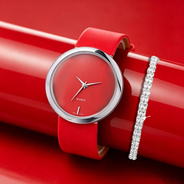 Armbanduhr Damen, Quarz, Messing, Diamant, Kristall, rot - Bild 1