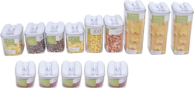 14er Set Aimo Vorratsgläser aus Glas mit Clipverschluss und weißem Deckel, stapelbare rechteckige Behälter für Getreide und Milchpulver, transparent/weiß - Bild 1