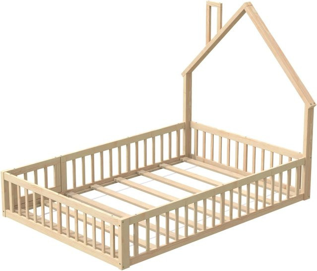 okwish Kinderbett Hausbett in Schornsteinform aus Kiefernholz und MDF, Farben: Weiß und Grau, B/T/H: 140 x 200 x 150 cm - Bild 1
