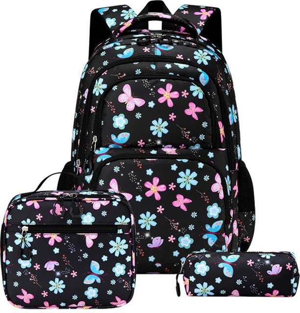 3er-Set Kinderrucksäcke mit Blumenmuster von Fancy Style Studio, wasserdichte Schultaschen für Mädchen und Teenager inklusive Lunchtasche und Federmäppchen, Farbe: Schwarz - Bild 1