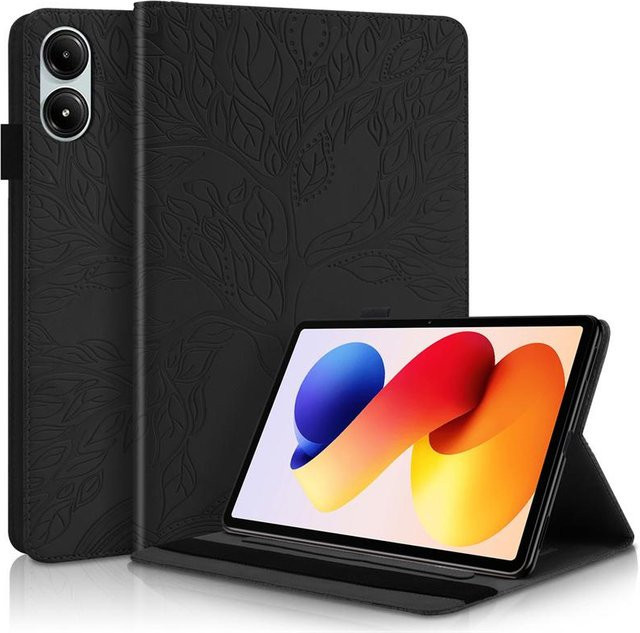 Xiaomi Poco Pad M1 Hülle mit geprägtem Baum-Design aus PU-Leder, Brieftasche Flip Cover Etui in Schwarz - Bild 1