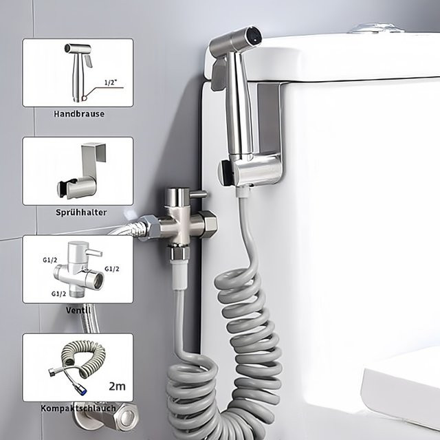 Abay Hand-Bidet-Toilettensprühgerät-Set aus Edelstahl in Silber mit 3-Wege-Ventil und Faltenbalg - Bild 1