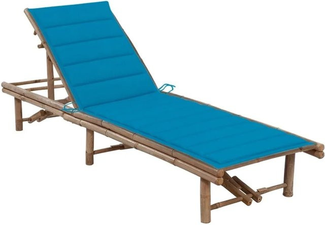 Furnicato Garten-Sonnenliege aus Bambus mit blauer Auflage und verstellbarer Kopfstütze, B/T/H: 200 x 65 x 30-87 cm - Bild 1