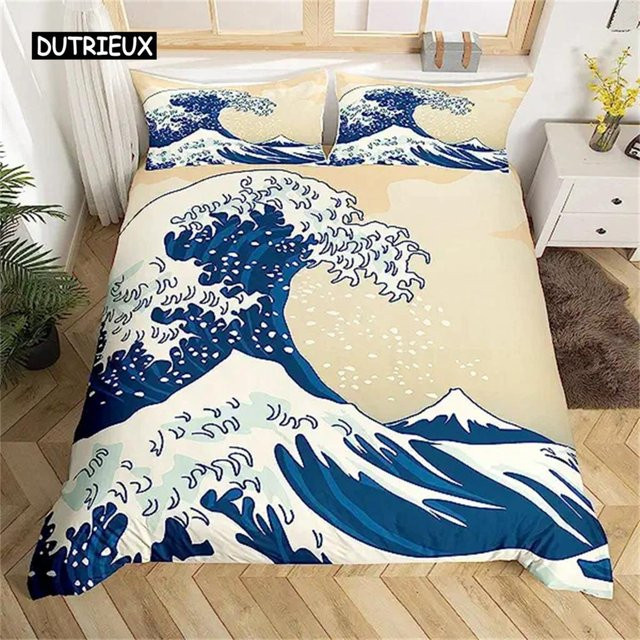 Bettbezug im japanischen Ukiyoe-Stil mit Meereswellen-Motiv in Blau und Creme, B/H: 140 x 210 cm - Bild 1