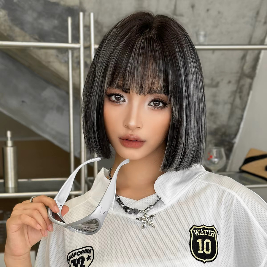 7JHH WIGS Perücke, Bob-Stil, schwarz, weiße Highlights, Damen - Bild 2