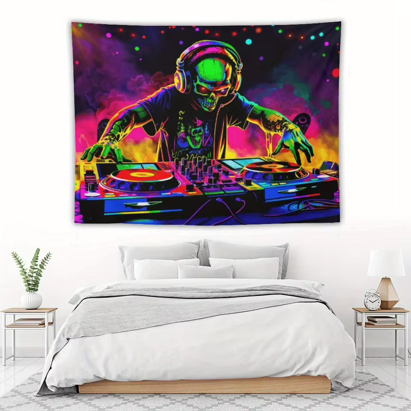 VIKAMA Wandteppich mit im Dunkeln leuchtendem Totenkopf und Neon-Plattenspieler, Mehrfarbig, B: 60 cm, H: 40 cm - Bild 3