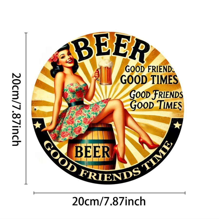 Retro Beer Lady Aluminiumschild von Potdemiel in Schwarz, runde Wandkunst mit Foliengravur, Durchmesser: 20,3 cm - Bild 2