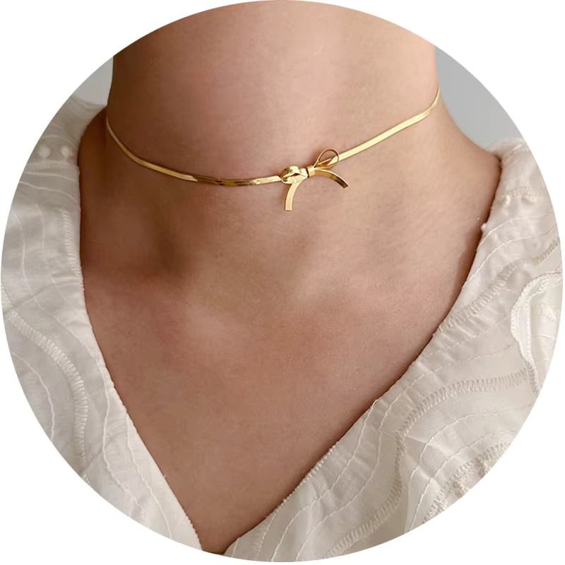 amofa Choker-Halskette, Knoten-Schleife, 18 Karat vergoldeter Edelstahl, Damen - Bild 1