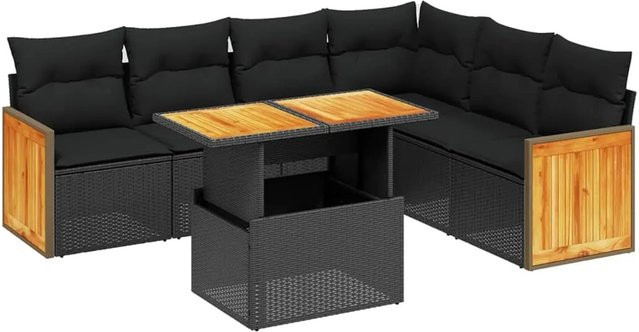 vidaXL 7-teilige Garten-Sofagarnitur aus Poly-Rattan und Akazienholz in Schwarz mit Kissen - Bild 1