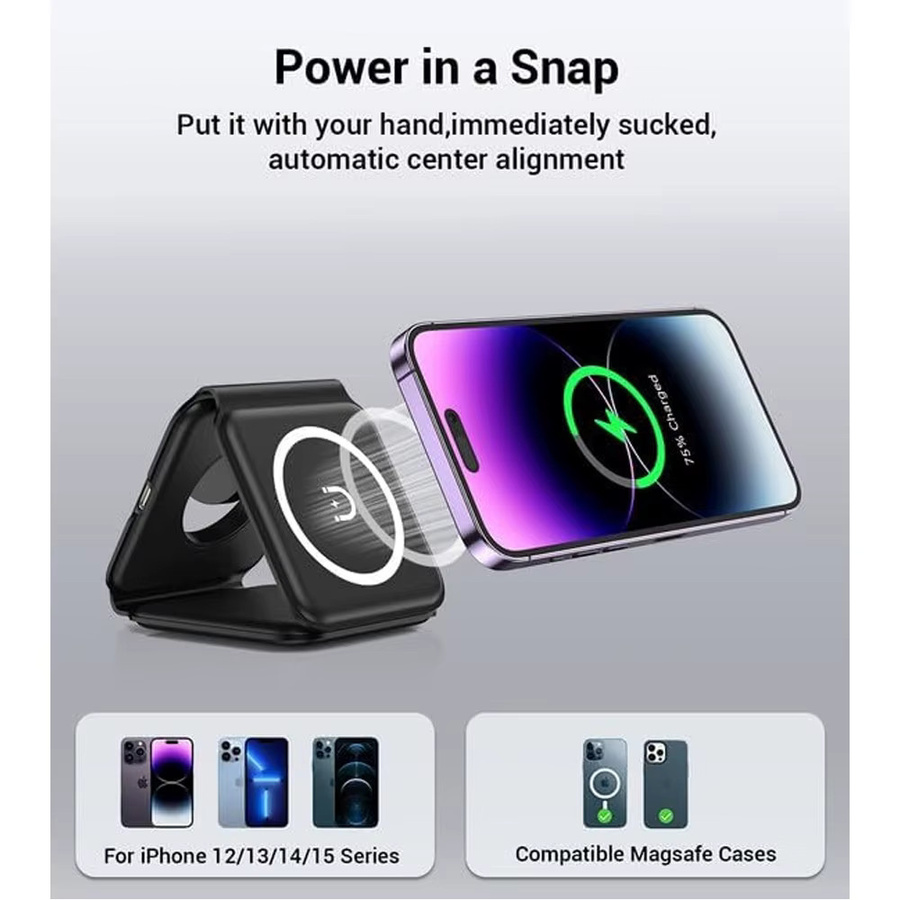 KEPHE 3-in-1 Faltbares Magnetisches Kabelloses Ladegerät in Weiß, Kompatibel mit iPhone 12-15 Serie und AirPods 2/3/Pro - Bild 5