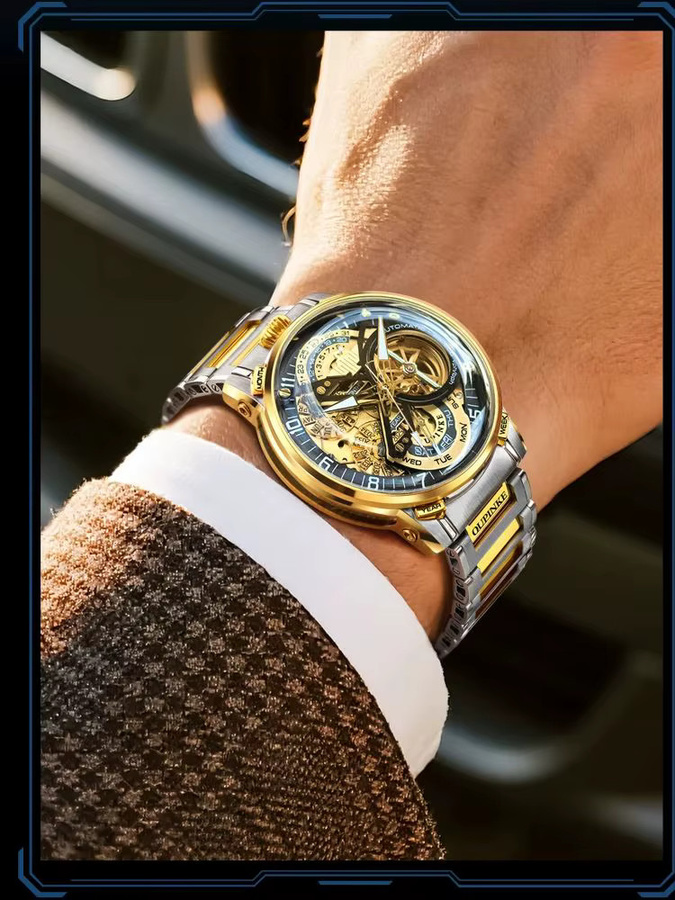 OUPINKE Herren Armbanduhr, Automatik, Edelstahl, Schwarz, Gold - Bild 6