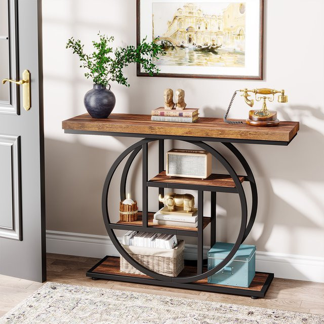 Tribesign Konsolentisch im Industrial-Design mit 4 Ebenen, rechteckiger Flurtisch in Gold und Braun für Wohnzimmer und Flur, Breite: 105 cm - Bild 1