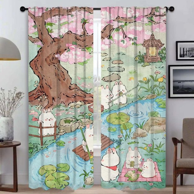 Frühlings-Kätzchen Tüll-Vorhänge für Schlafzimmer und Wohnzimmer, 2er-Set, Mehrfarbig, Breite: 50 cm, Höhe: 70 cm - Bild 1