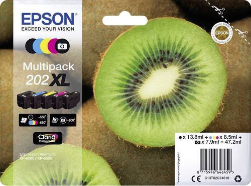 Epson 202XL Tintenpatronen Multipack C13T02G7 Original High Capacity in Schwarz, Foto Schwarz, Cyan, Magenta und Gelb - Bild 1
