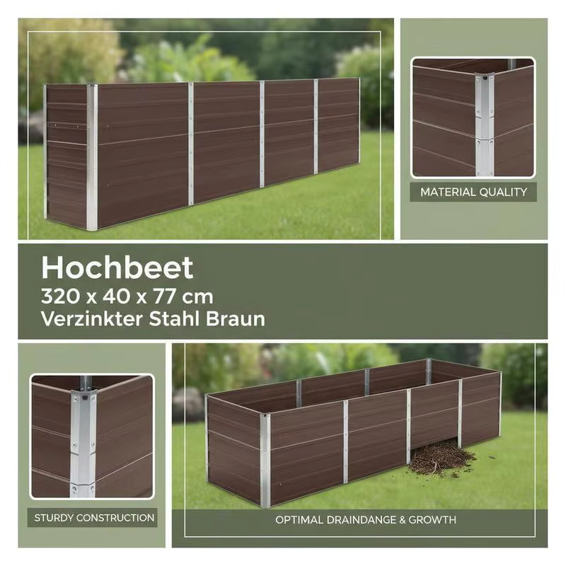 Schmales Hochbeet aus verzinktem Stahlblech in Vintage-Braun für den Gemüseanbau, B/T/H: 320 x 40 x 77 cm - Bild 5