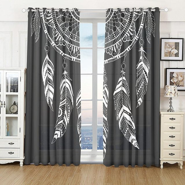 Yiran Furniture Boho Traumfänger Vorhänge Set, 2 Stück, Weiß, B: 50 cm, H: 130 cm, halbtransparent mit Haken - Bild 1