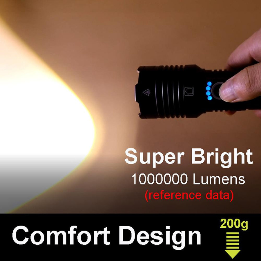 Pawell Ultrahelle LED-Taschenlampe mit 100000 Lumen, wiederaufladbare Hochleistungs-Handtaschenlampe mit Zoom in Schwarz aus Aluminium - Bild 5
