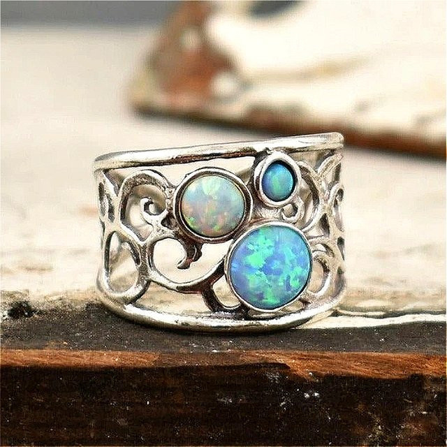 Ring synthetischer Türkis, Damen, Retro handgeschnitzter, strukturierter, hohler Ring - Bild 1