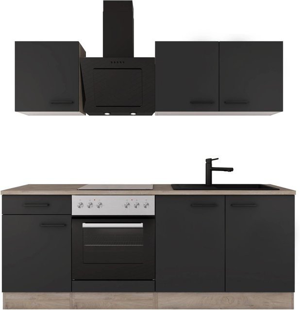 Flex-Well Exclusiv Küche Capri Schwarz Matt Endgrain Oak, Breite: 210 cm, Höhe: 235 cm, Tiefe: 57 cm - Bild 1