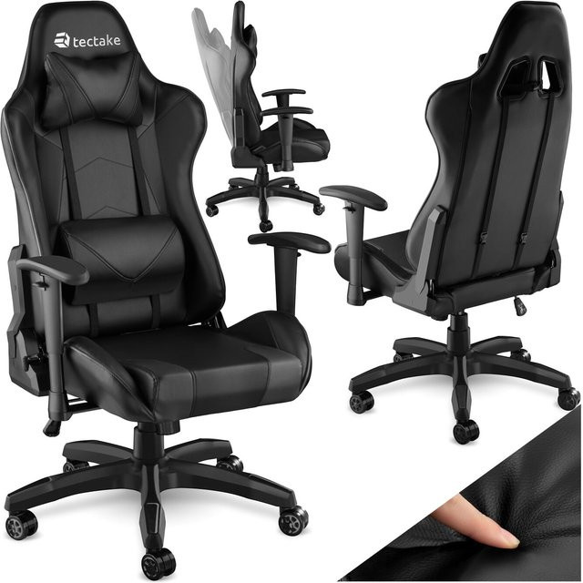 tectake Racing Gaming Stuhl in Schwarz mit Kunstlederbezug, ergonomische Form, verstellbare Rückenlehne, abnehmbare Nacken- und Lendenkissen, Belastbarkeit 120 kg, B/T/H: 69 x 68 x 125 cm - Bild 1
