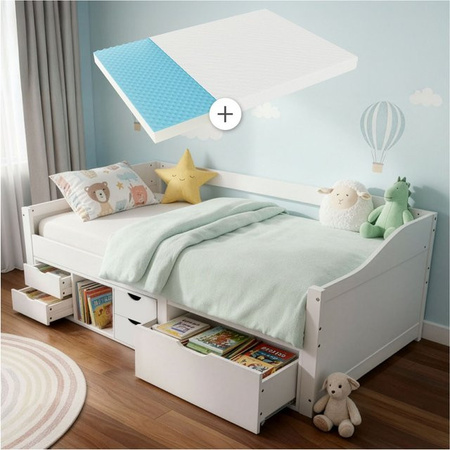 Juskys Funktionsbett Nalu aus Massivholz mit Matratze, Lattenrost und Schubladen in Weiß, B/T/H: 90 x 200 cm