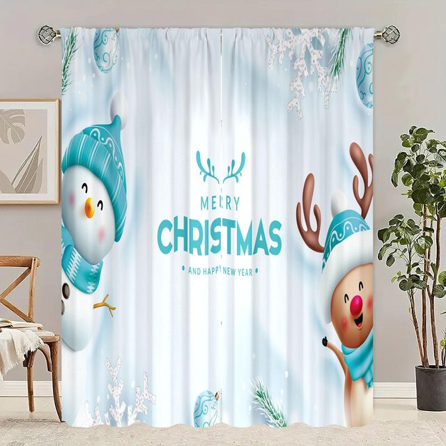 2er-Set Weihnachts Vorhänge mit Schneemann-Print in Weiß für Wohnzimmer und Schlafzimmer, B: 76,2 cm, H: 165,1 cm - Bild 1