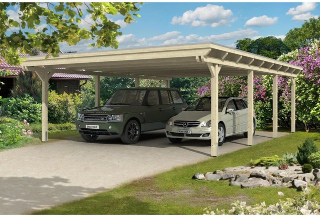 Skan Holz Doppelcarport Emsland Flachdach aus Fichten-Leimholz mit Aluminium-Dachplatten in Beige und Anthrazit, B/T/H: 613 x 846 x 248 cm - Bild 1