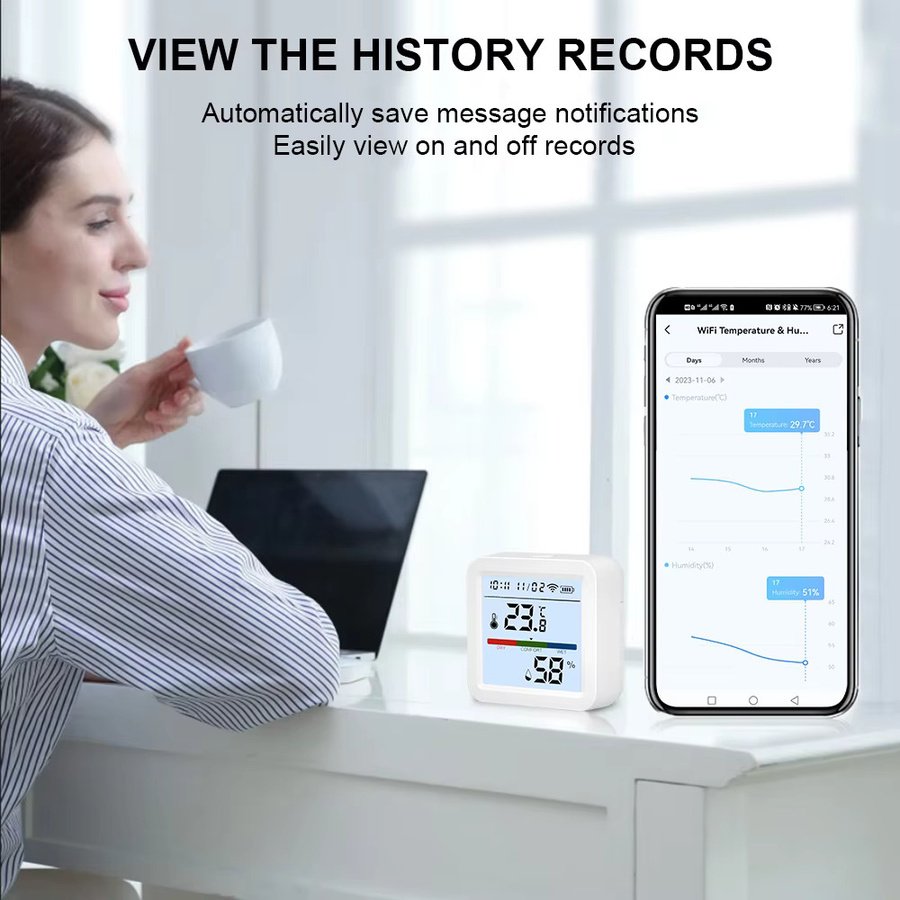 ONENUO Tuya WIFI Temperatur und Feuchtigkeit Sensor Hygrometer Thermometer mit Hintergrundbeleuchtung, Smart Home App Steuerung, Farbe: Weiß - Bild 2